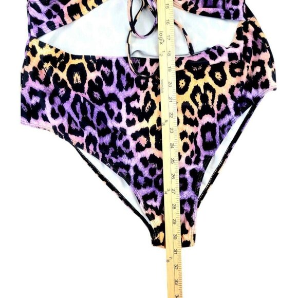 Womens Plus 2X Multi-Color Leopard Print One Piece High Waist Cut Out Swimsuit - Picture 7 of 9